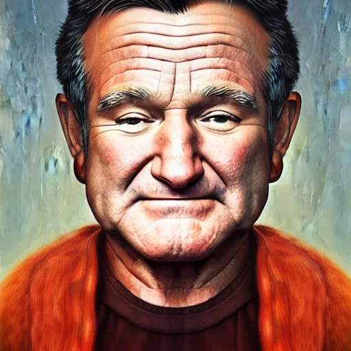 Image similar to portrait of a Robin Williams, staring at you, black background, curious eyes, by Anato Finnstark, Tom Bagshaw, Brom