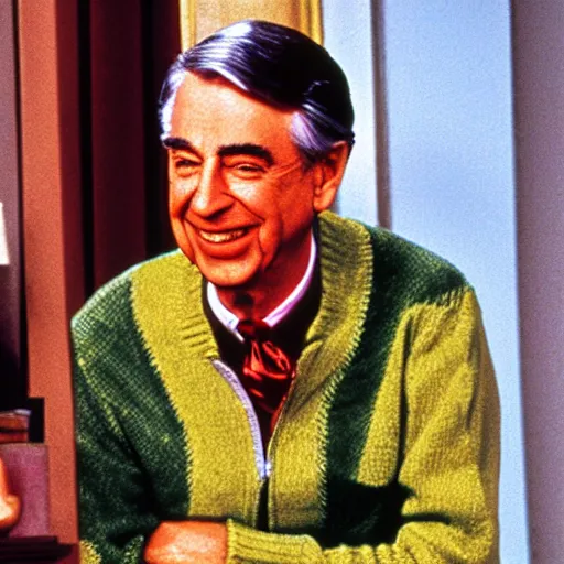 Image similar to Mr. Rogers sitting next to Elvira 8k hdr