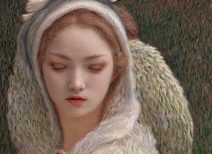 Prompt: people with white fur outside office, portrait face, in the style of jeremy enecio, intricate, miles johnston, monet, cynical realism, john william godward, painterly, yoshitaka amano, miles johnston, louise zhang, pekka halonen, finnish naturalism, realism