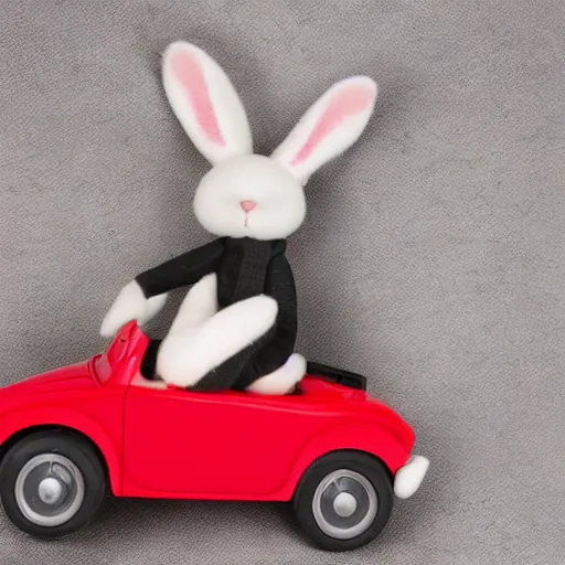 Image similar to bunny riding a convertible, studio photo, high quality