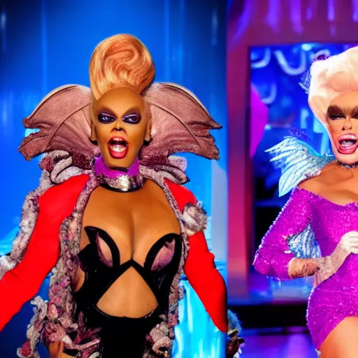 Image similar to rupaul's dragon race, television still, fantasy reality show, dragons, drag queens