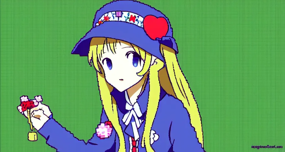 Prompt: picture of mugi from k - on, with crown! on top of her head, pixelated! garden! background!, pixel art