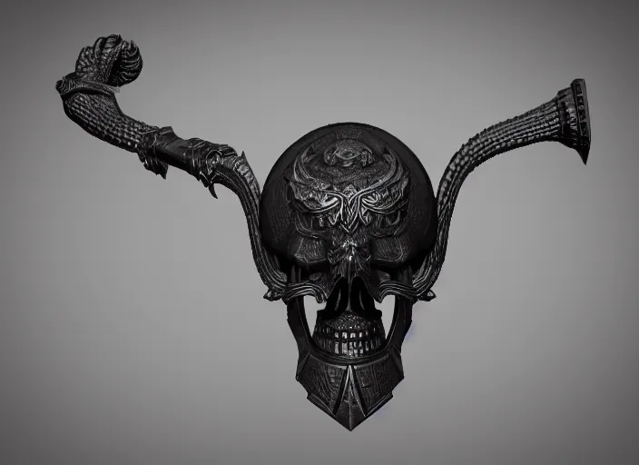 Image similar to a black long sword skull crest, orthographic, ornament, weapon, a 3 d render by dom qwek, front side views full, trending on polycount, artstation, hard surface modeling, rendered in maya, 3 ds max, blender, hd, vray