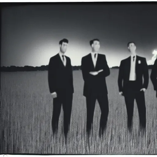 Image similar to 8 mm film, blurry, grainy, liminal, unsettling, group of tall men in suits in a field at night, thunderstorm, dark