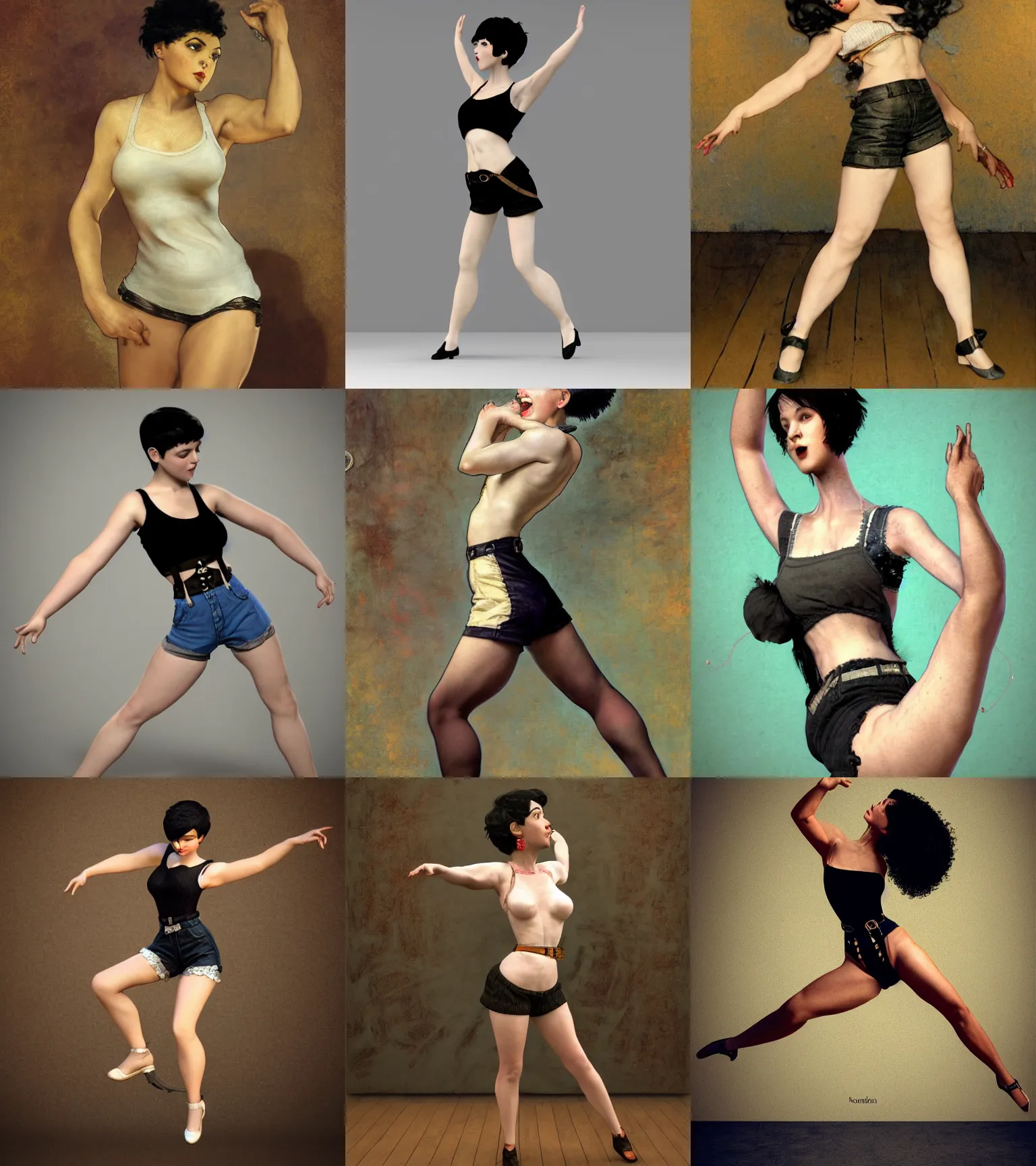 Prompt: a woman with black hair pixie cut in shorts showing off a dancing pose with suspenders drawn by rembrandt, norman rockwell, frank frazetta, peter paul rubens, alphonse mucha, gustav klimt 4k, unreal 5, DAZ, french noveau, octane render, hyperrealistic