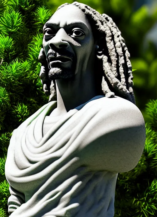 Image similar to snoop dog as marble statue, soft surface texture, very realistic 3 d render, soft sun lights, 4 k, high detailed photography result, in marijuanas gardens, 5 0 mm lens