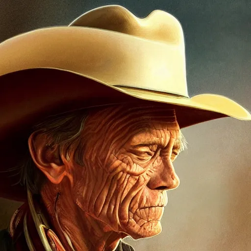 Image similar to a man, lance henriksen, cowboy hat, portrait, wild west, fantasy, highly detailed, digital painting, artstation, concept art, sharp focus, illustration, art by artgerm and greg rutkowski and alphonse mucha