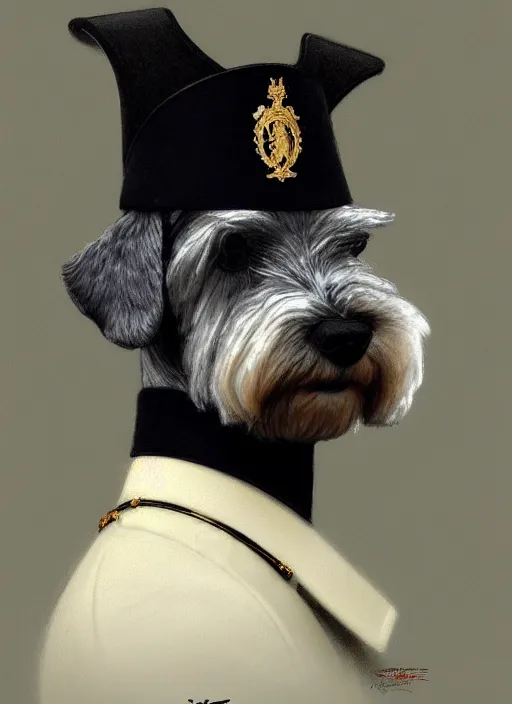 Image similar to portrait of stoic looking miniature schnauzer, military uniform, black fir, white eyebrows, fantasy, intricate, elegant, highly detailed, centered, dark, smokey, digital painting, artstation, concept art, smooth, sharp focus, illustration, art by artgerm and greg rutkowski and alphonse mucha