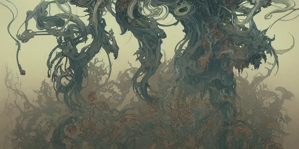 Image similar to epic concept illustration of a fungus demon god, by james jean, by artgerm and greg rutkowski and alphonse mucha. uhd, amazing depth, cinematic lighting, glossy wet levitating floating fungus god with arms outstretched.