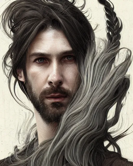 Image similar to portrait of tall, tired 3 3 - year - old handsome man with long black hair, grey eyes, wearing black clothes, hyper realistic face, beautiful eyes, close up, fantasy art, in the style of greg rutkowski, intricate, alphonse mucha, hyper detailed, smooth