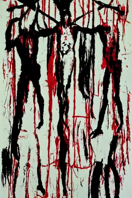 Image similar to bloody jesus christ crucified painted by cy twombly, basquiat and andy warhol