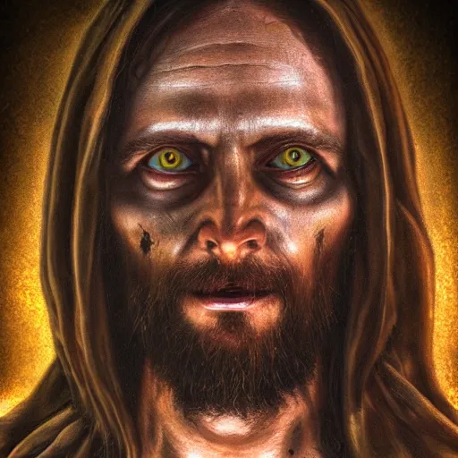 Prompt: a realistic photo of demonic Jesus Christ scary, horror, demons, terror, terrifying, dark, gloomy, ominous, hyper realism, wide shot, photography, photograph, hyper realism, detailed face, render,
