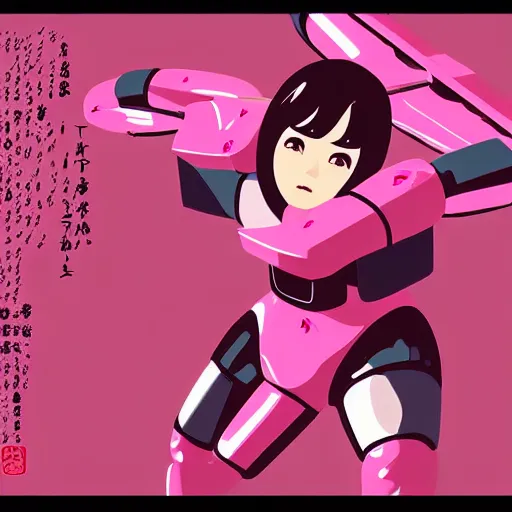 Image similar to a japanese woman battles pink robots, illustrated, detailed, 4 k