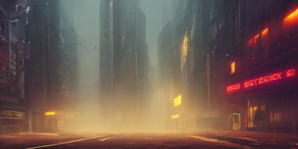 Prompt: deserted cyberpunk style city street, fog, rain, neon sign, volumetric lighting, beautiful, golden hour, sharp focus, ultra detailed, cgsociety