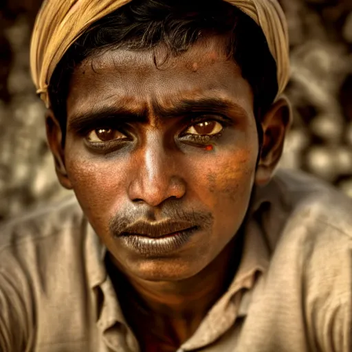 Image similar to a dramatic photograph of worker from india, cinematic lighting