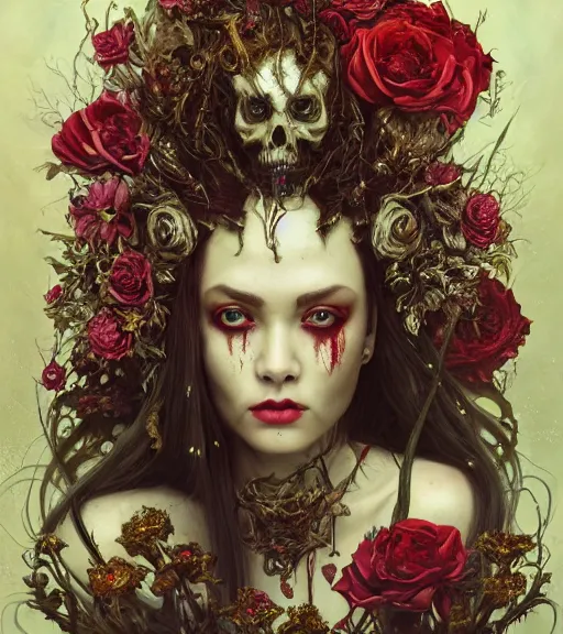 Image similar to portrait of the supreme queen of the blood cult, surrounded by skulls and overgrowth and dark flowers by karol bak, WLOP, James Jean, tom bagshaw, rococo, trending on artstation, cinematic lighting, hyper realism, octane render, 8k, hyper detailed.