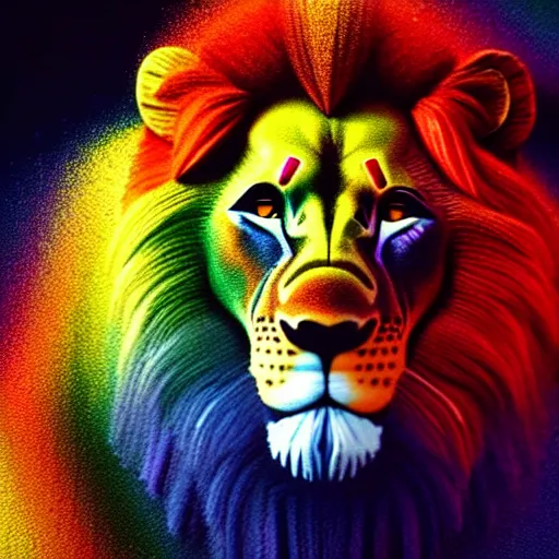 Image similar to lion made of rainbow sand, multicolor, very colourful, volumetric light, cinematic, extremely detailed, cgi, trending on artstation, hyper realistic, hd wallpaper, sharp, michael whelan, ted nasmith