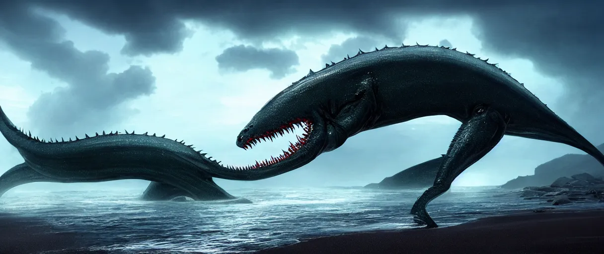 Image similar to a stunning cinematic extreme wide shot of an slick sleek smooth halitrephes maasi sea monster wearing clothes made of seaweed on a dark stormy beach, with huge luminous sad eyes, sharp claws, cgsociety, hd octane render, fantasy, artstation, deviantart, furaffinity, very very clean, super smooth, thunderclouds, thunderstorm