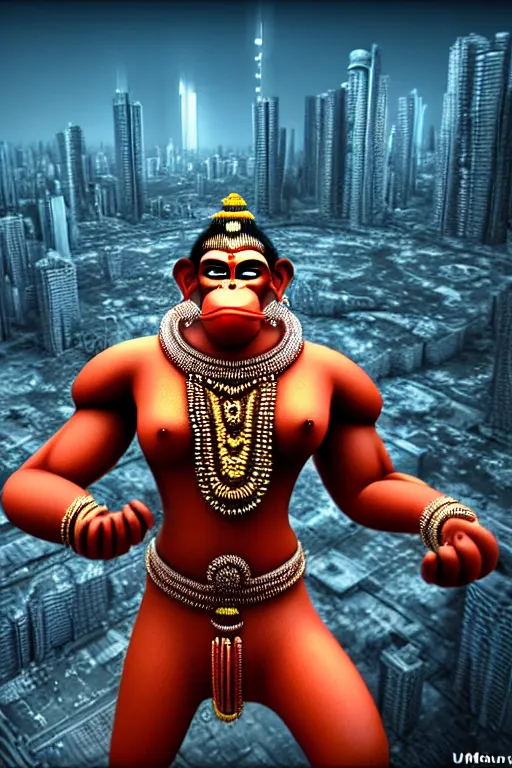 Image similar to high quality 3 d render hyperrealistic cyborg hanuman! madhubani, highly detailed, cyberpunk!! mumbai in the background, unreal engine cinematic smooth, in the style of solaris, hannah yata charlie immer, moody light, low angle, uhd 8 k, sharp focus