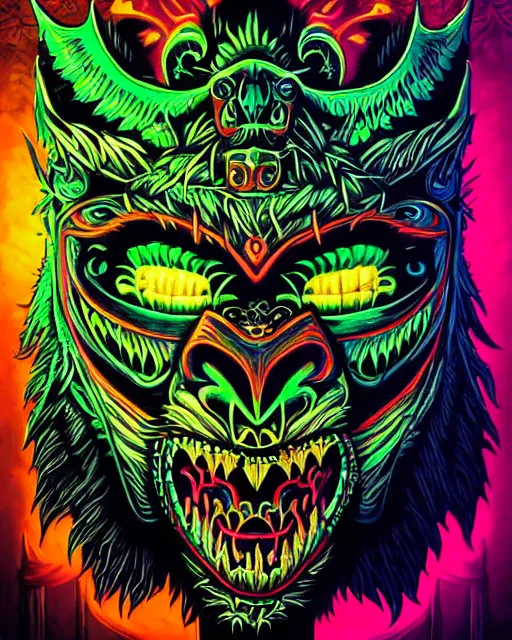 Image similar to barong family member, wiwek, mara demon, one single tribe member, jungle, one single mask, dark, ancient warrior, rich deep vivid colors, neon colors, inner glow, art by dan mumford and justin gerard