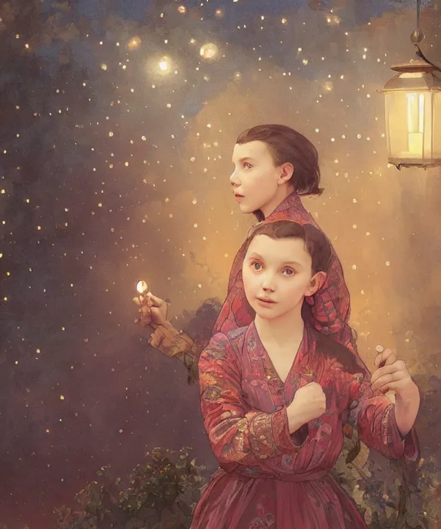 Image similar to a beautiful painting of a girl resembling millie bobby brown in front of the lantern festival in a an ancient italian town, at night with a sky full of stars, intricate, elegant, highly detailed, digital painting, artstation, concept art, by krenz cushart and artem demura and alphonse mucha