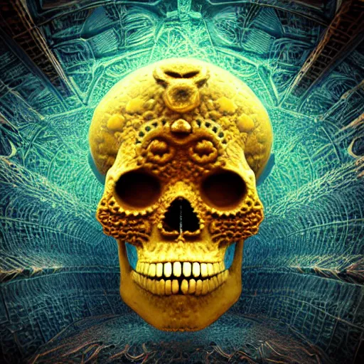 Prompt: fractal golden skull face, afro, third eye art art by machina infinitum, infinite intricacy, rendered in octane, mandelbulb 3 d, ambient occlusion, macro photography