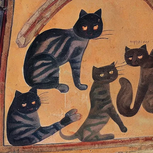 Image similar to cats being worshipped, fresco painting