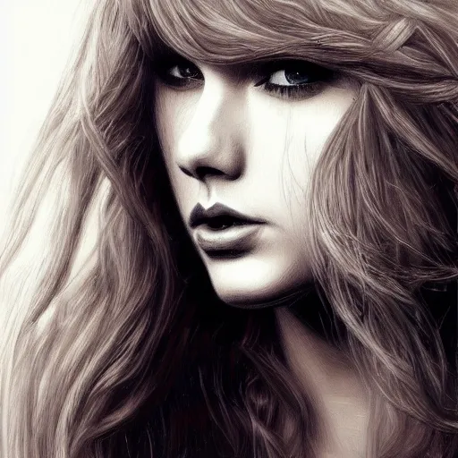 Prompt: pencil art, detailed portrait of taylor swift, intricate,, oil painting, by yoshitaka amano, cinematic lighting