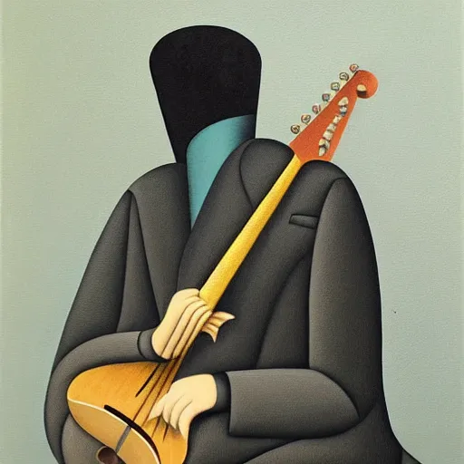 Image similar to a painting of a man playing the guitar by gertrude abercrombie. precisionism, surrealism, dark, low contrast, featured on pixiv, art on instagram, detailed painting