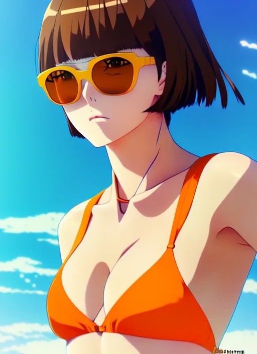 prompthunt: anime portrait of a handsome woman, brown hair, yellow - orange  eyes, wearing sunglasses and two - piece swimsuit, ilya kuvshinov, anime,  pixiv top monthly, trending on artstation, cinematic, danbooru, zerochan