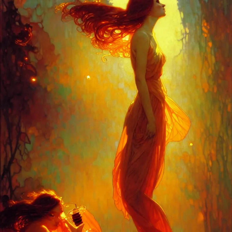 Image similar to glossy liquid honey drops flowing like translucent amber, backlit, sunset, refracted lighting, art by collier, albert aublet, krenz cushart, artem demura, alphonse mucha