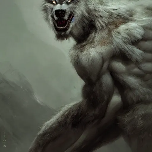 Image similar to wolf werewolf wolfman furry hairy fluffy bodybuilder monster scary creature. natural lighting by ruan jia, portrait