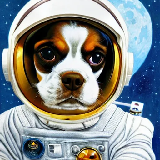 Image similar to cavalier king charles spaniel, wearing an astronaut helmet, on the moon, art by artgerm and david a hardy