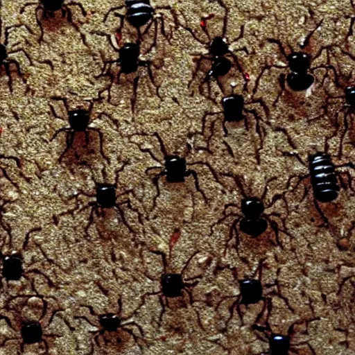 Prompt: screenshot from a psychological horror movie about ants, indie, grainy, unsettling,