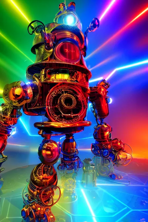 Image similar to portrait photo of a giant huge golden and blue metal futuristic steampunk robot with a red guitar covered with multicolored big gears and tubes, eyes are glowing red lightbulbs, shiny crisp finish, 3 d render, 8 k, insaneley detailed, fluorescent colors, background is multicolored lasershow