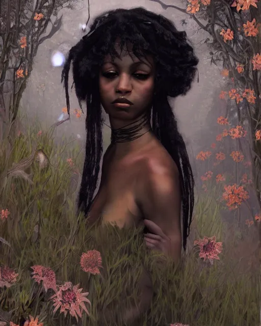 Image similar to a beautiful but creepy young black woman in layers of fear, with haunted eyes, violence in her eyes, wearing a punk outfit, 1 9 7 0 s, seventies, delicate embellishments, a little blood, woodland, moonlight shining on wildflowers, painterly, offset printing technique, by alexandre cabanel