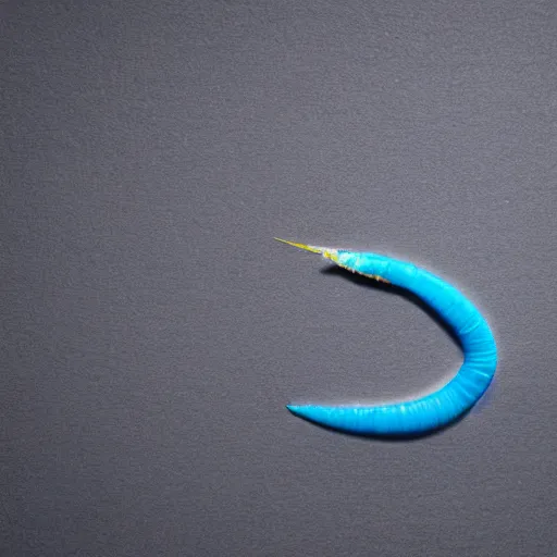 Image similar to studio photograph of a matte dark gray worm with a neon blue head and tail