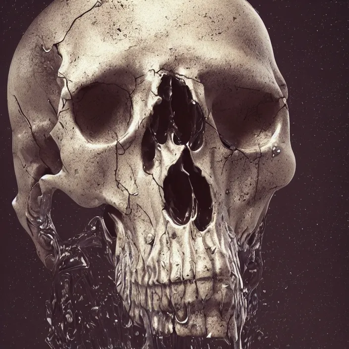 Prompt: a melting dripping human skull. intricate abstract. intricate artwork. by Tooth Wu, wlop, beeple, dan mumford. octane render, trending on artstation, greg rutkowski, coherent, symmetrical artwork. cinematic, hyper realism, high detail, octane render, 8k, depth of field, bokeh. iridescent accents