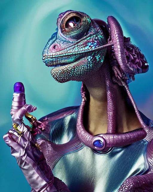 Prompt: natural light, soft focus portrait of a cyberpunk anthropomorphic chameleon with soft synthetic pink skin, blue bioluminescent plastics, smooth shiny metal, elaborate ornate head piece, piercings, skin textures, by annie leibovitz, paul lehr