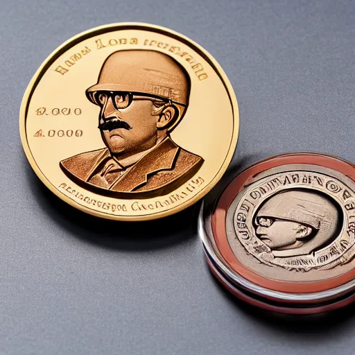 Image similar to A photograph of a high quality swiss chocolate coin that is engraved with a portrait of a young leon redbone smoking a cigar, highly detailed, close-up product photo, depth of field, sharp focus, appetizing, foil nearby