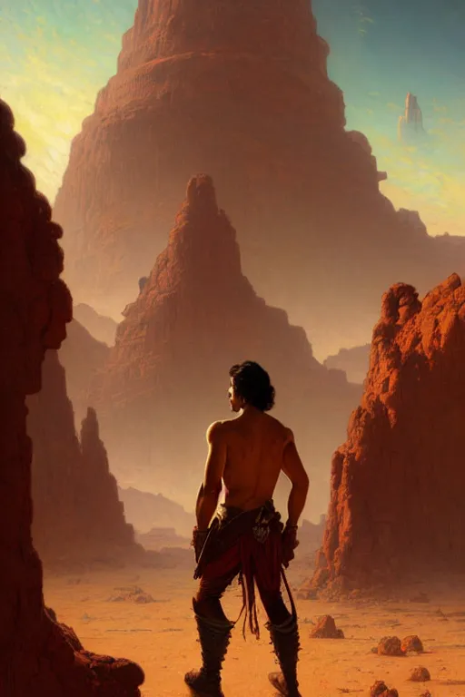 Image similar to John Carter standing in front of Martian ruins by Stanley Artgerm Lau, greg rutkowski, thomas kindkade, alphonse mucha, loish, norman Rockwell