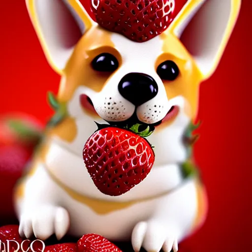 Prompt: corgi made of strawberry, in strawberry jam : ornate, dynamic, particulate, intricate, elegant, highly detailed, centered, artstation, smooth, sharp focus, octane render