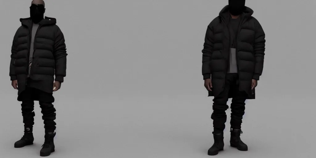 Image similar to kanye west using a full face covering black mask, a small, tight, undersized reflective bright red round puffer jacket made of nylon, dark jeans pants and big black balenciaga rubber boots in 3 d, blender, octane render, 3 d render, realistic, unreal engine, trending on sketchfab, studio light, 4 k, 8 k