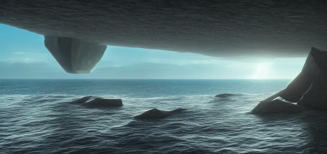 Image similar to view of sea, far away giant brutalist monolithic sea structure in the horizon, empty, clear skies, waves, reflections, refractions, caustics, dappled light, cinematic lighting, ultra detailed, sharp, ambient occlusion, raytracing, 3 d artstation render by greg rutowski, finnian macmanus and jessica rossier