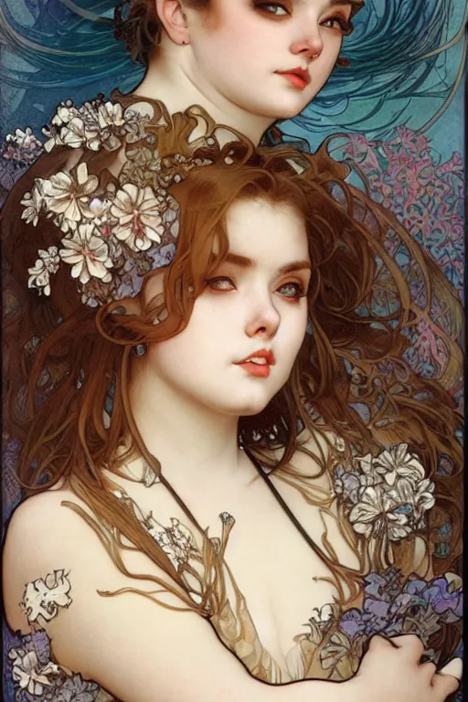 Prompt: hyper-realistic detailed face portrait of attractive overweight, plus-sized model cat girl by Alphonse Mucha, Ayami Kojima, Amano, Charlie Bowater, Karol Bak, Greg Hildebrandt, Jean Delville, and Mark Brooks, Art Nouveau, Neo-Gothic, gothic, rich deep colors