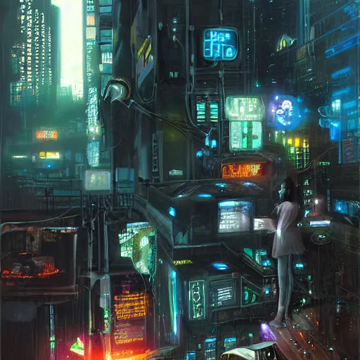 Image similar to cyberpunk dream thief, wires, machines, digital displays, computers, dark moody noir, painted by howard david johnson and james gurney