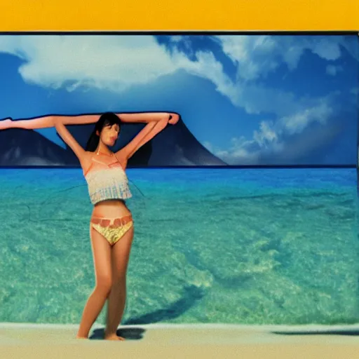 Image similar to a VHS still of a an Asian female model inside a vaporwave surreal beach, Windows98 logo