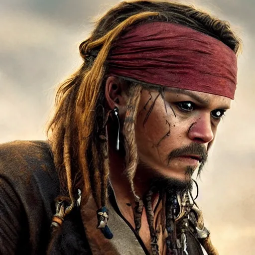 Image similar to hyperrealstic mixed media image of matt damon as captain jack sparrow, stunning 3 d render inspired art by istvan sandorfi and greg rutkowski, perfect facial symmetry, realistic, highly detailed attributes and atmosphere, dim volumetric cinematic lighting, 8 k octane extremely hyper - detailed render, post - processing, masterpiece