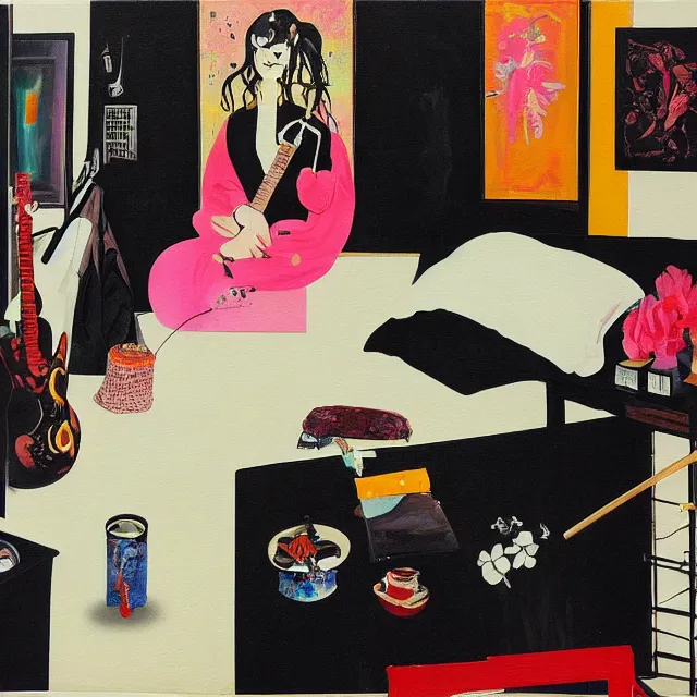 Image similar to a portrait in a female artist's zen bedroom, black walls, a tall girl sleeping, pancakes, sheet music, electric guitar, surgical supplies, ikebana, sensual, octopus, neo - expressionism, surrealism, acrylic and spray paint and oilstick on canvas
