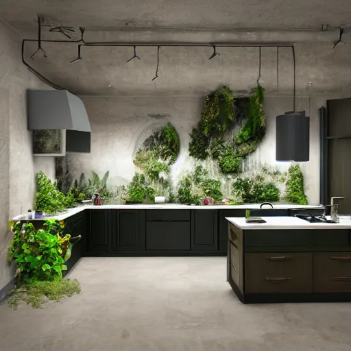 Prompt: unusual kitchens, overgrown with vegetation model inside crystal ball, octane render hyperdetailed,